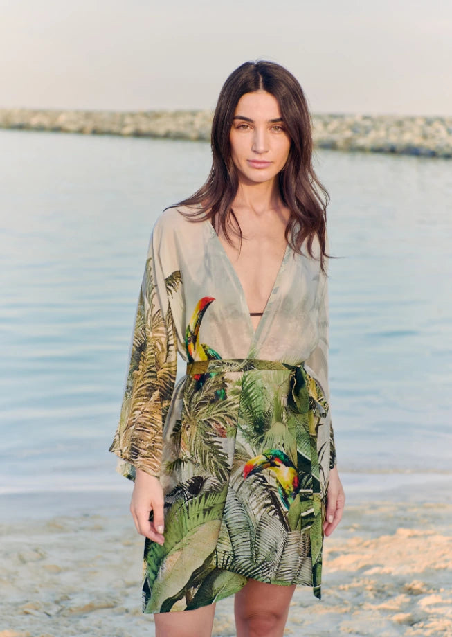 Wild Wings Bird In The Jungle Printed Short Kimono