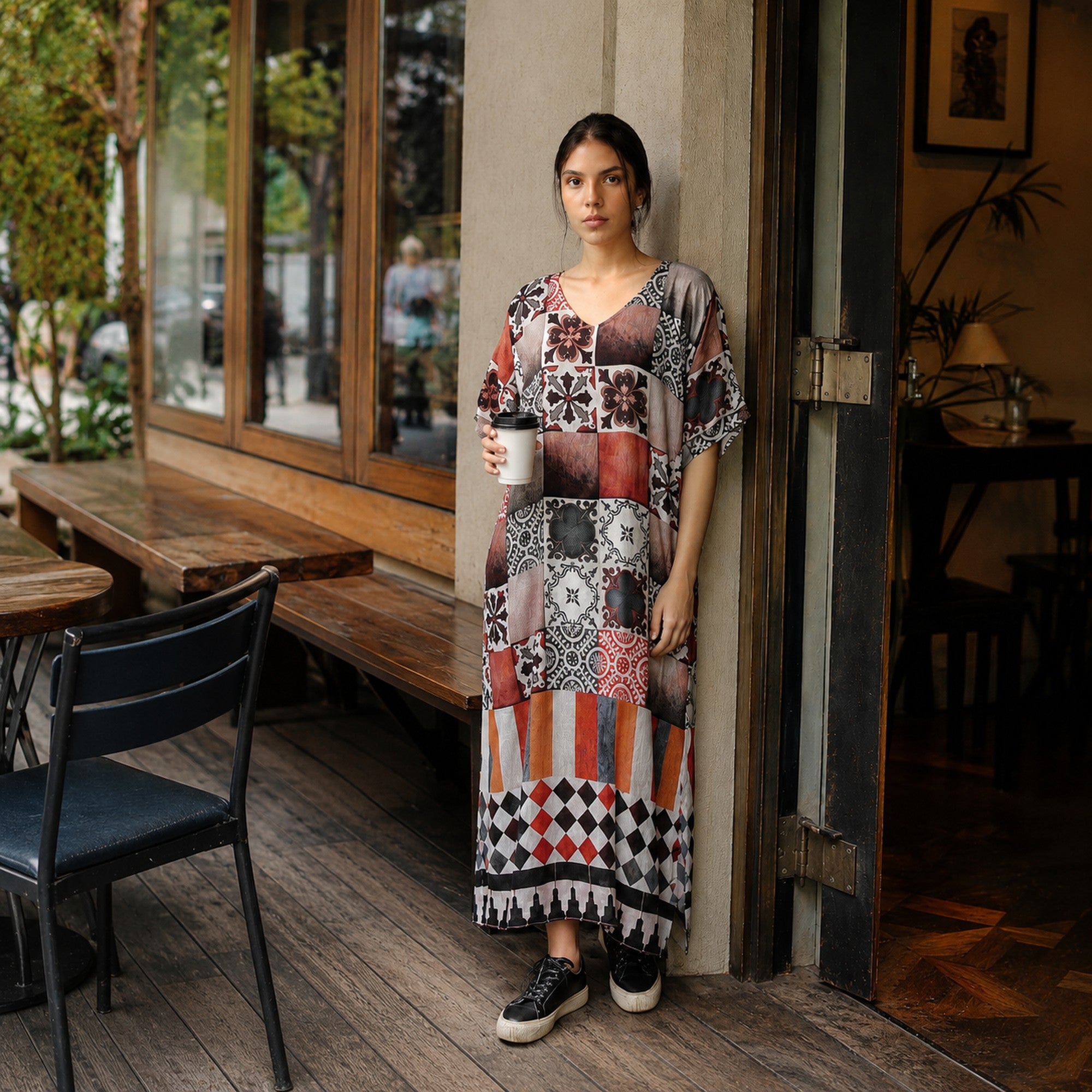 Celestial Tesserae Mosaic Print Long Kaftan Dress